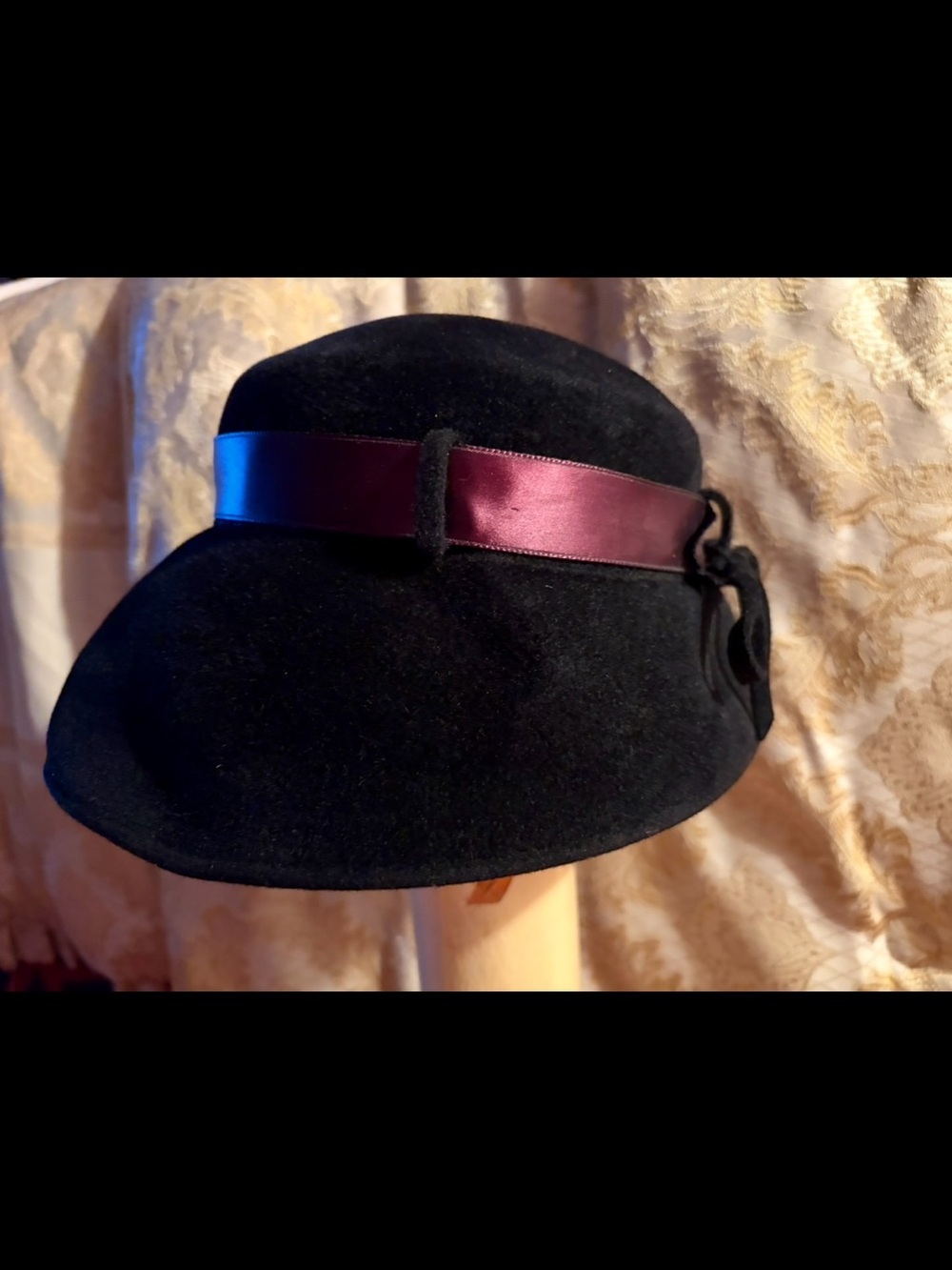 Vintage Designer Black Wool Cloche Hat with Burgundy Satin Band